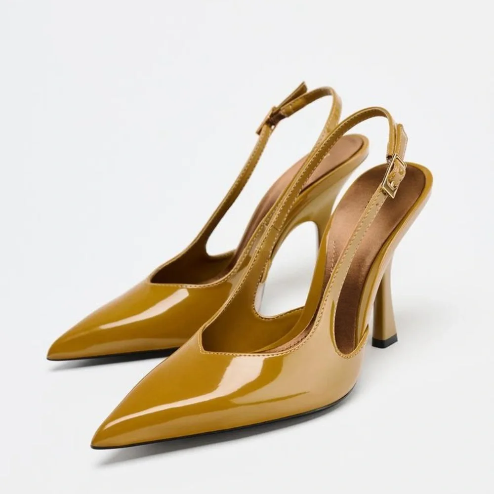 NWT. Zara Caramel Faux-Patent Slingback High Heel Court Shoes. Size 8.